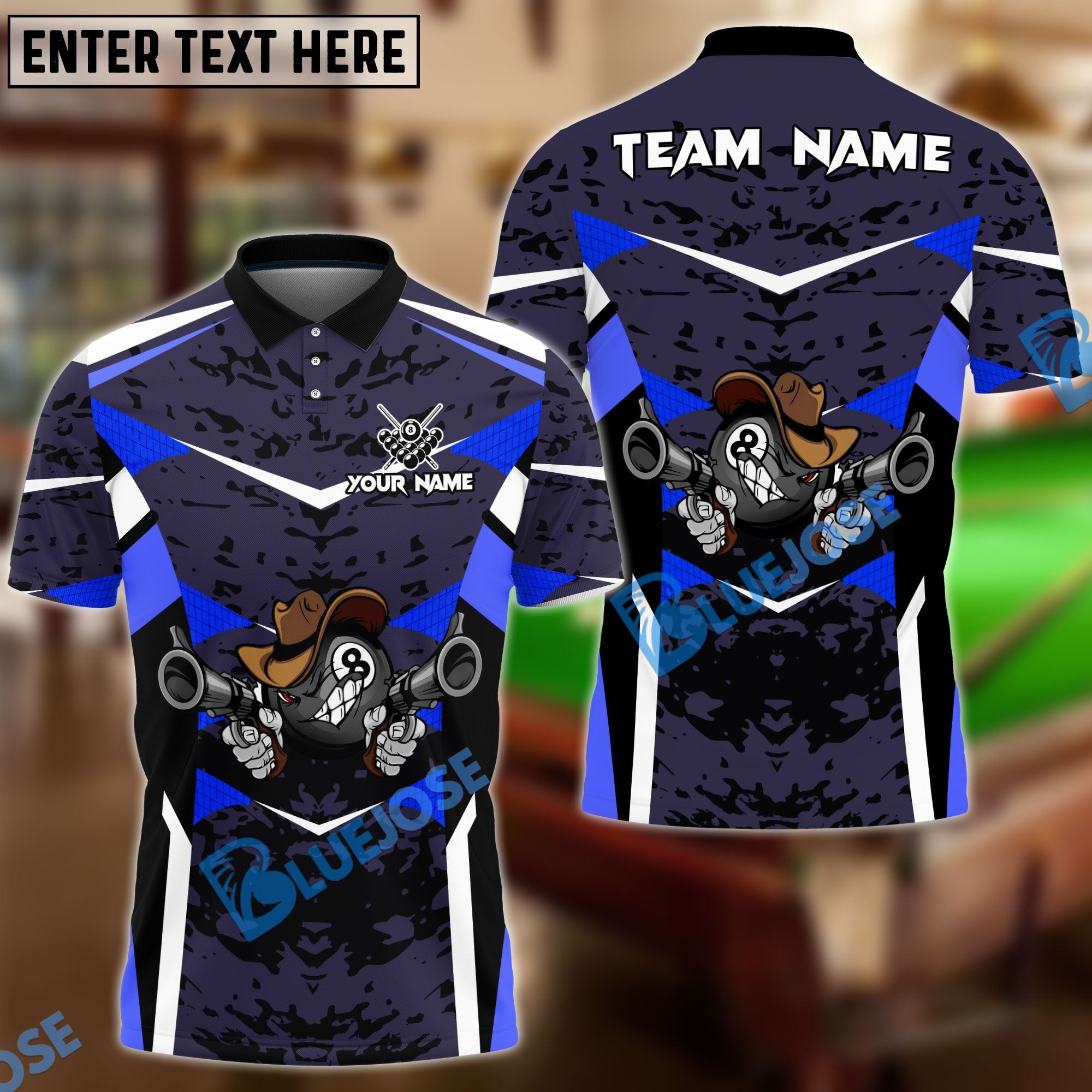 BlueJose Billiards Ball 8 Cowboy Gunslinger Personalized Name, Team Name Unisex Shirt (4 Colors)