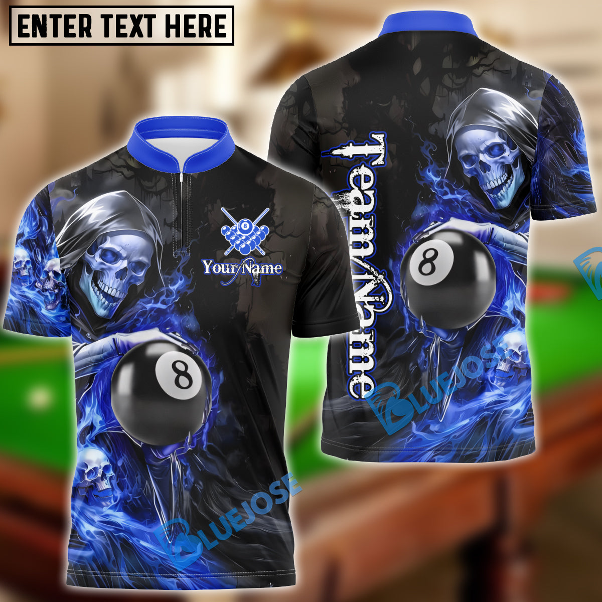 BlueJose Billiards Flame Grim Reaper Holding 8 Ball Personalized Name, Team Name Unisex Shirt (4 Colors)