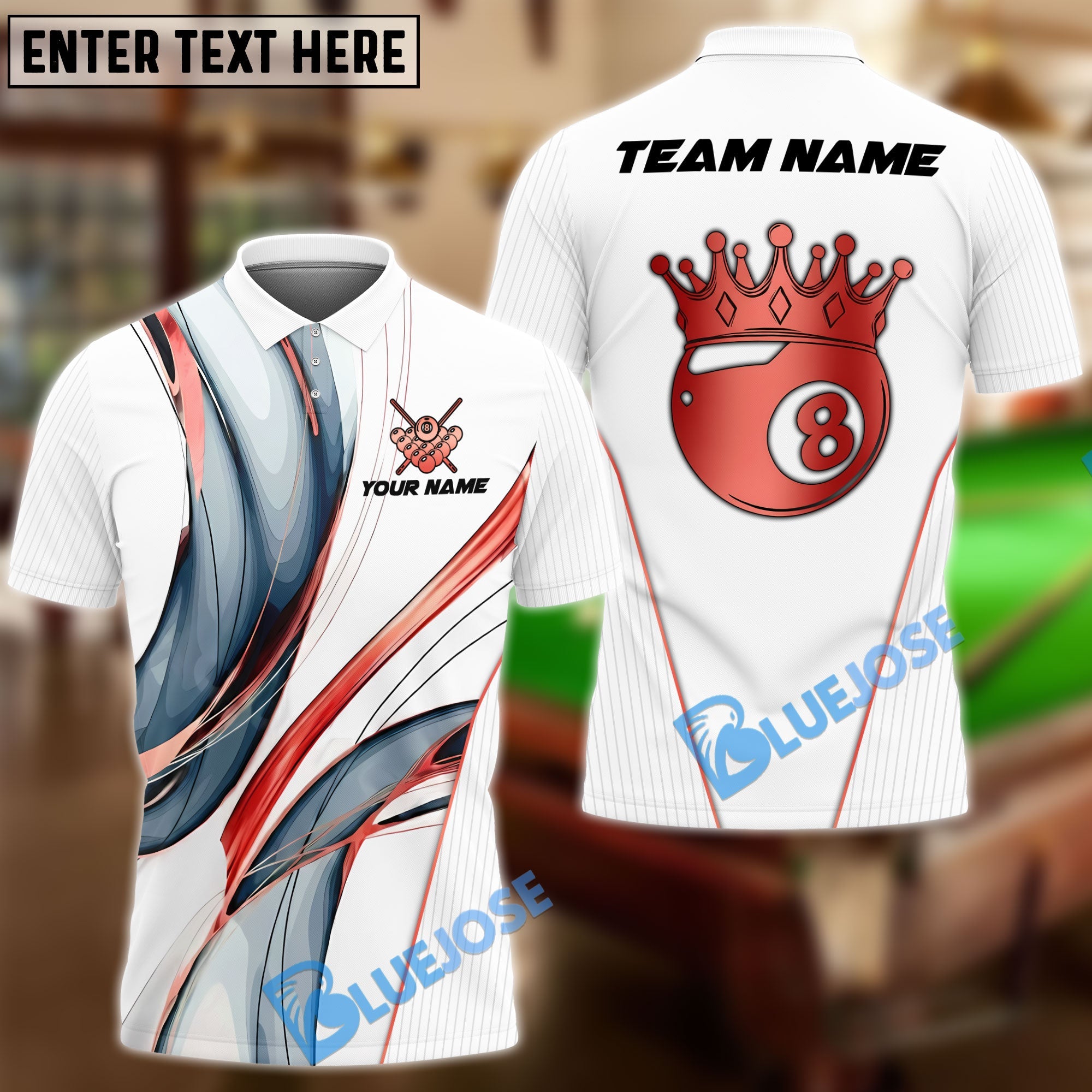 BlueJose Billiards Ball 8 White Gold Crown Personalized Name Shirt (4 Colors)