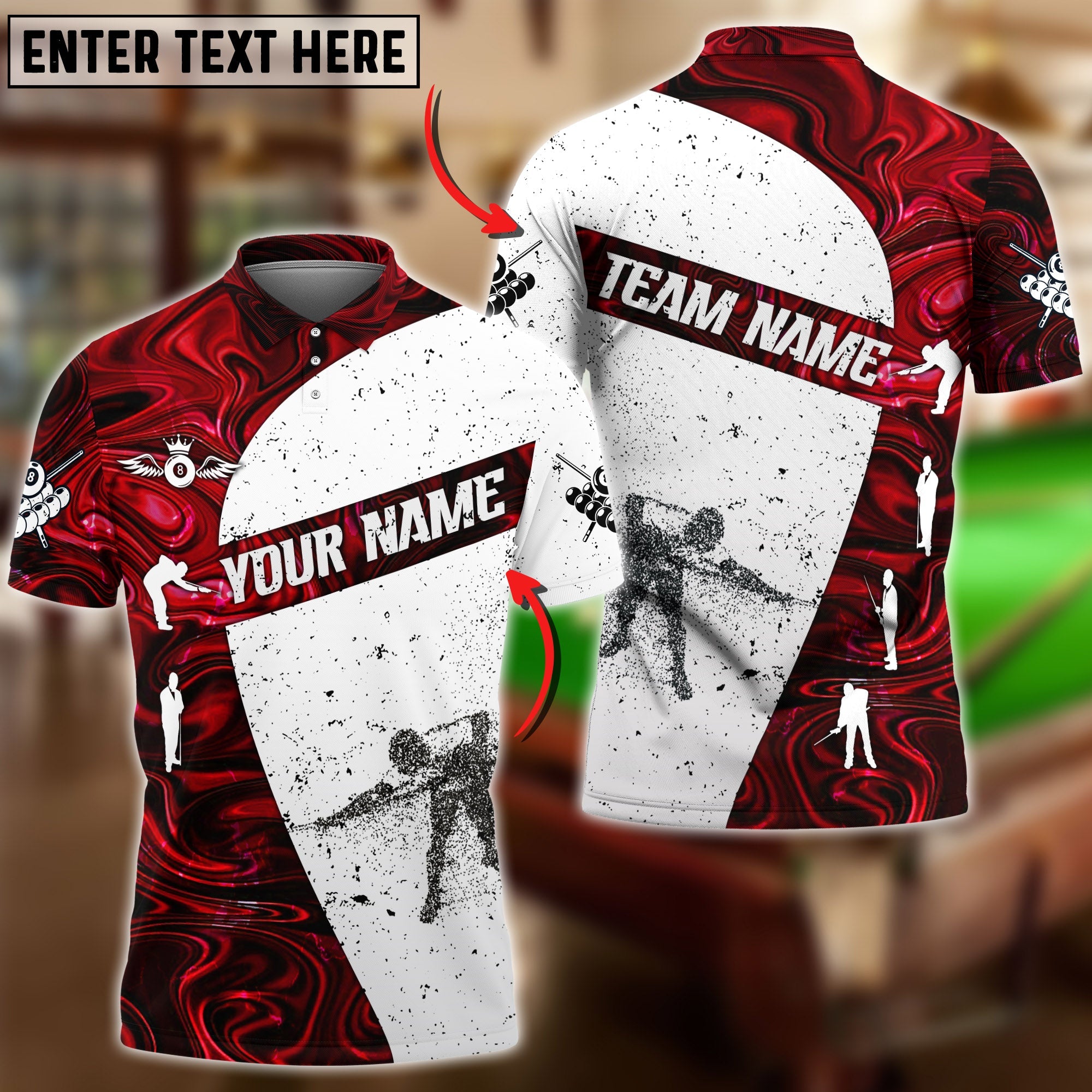 BlueJose Billiards Player Dust White Pattern Personalized Name & Team Name Shirt (4 Colors)