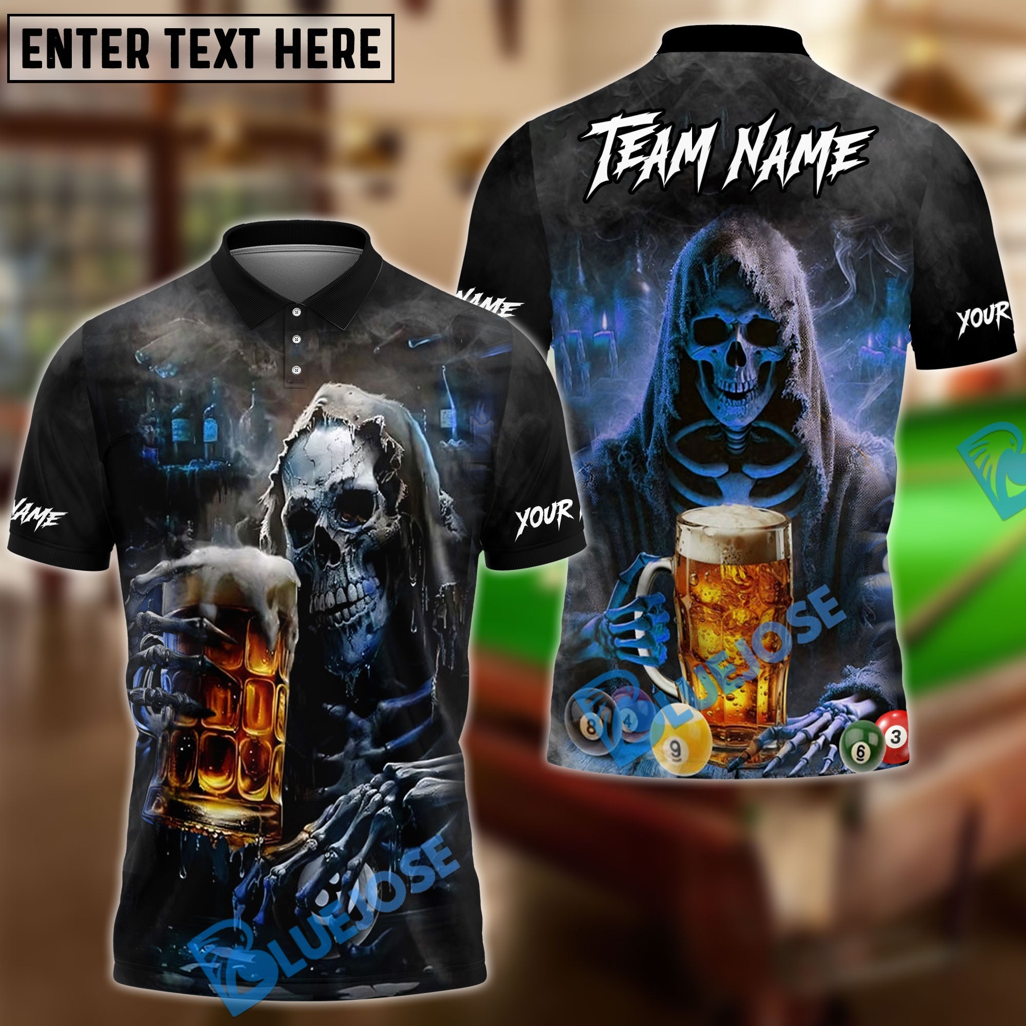 BlueJose Billiards Beer And Skull Personalized Name, Team Name Unisex Shirt (4 Colors)