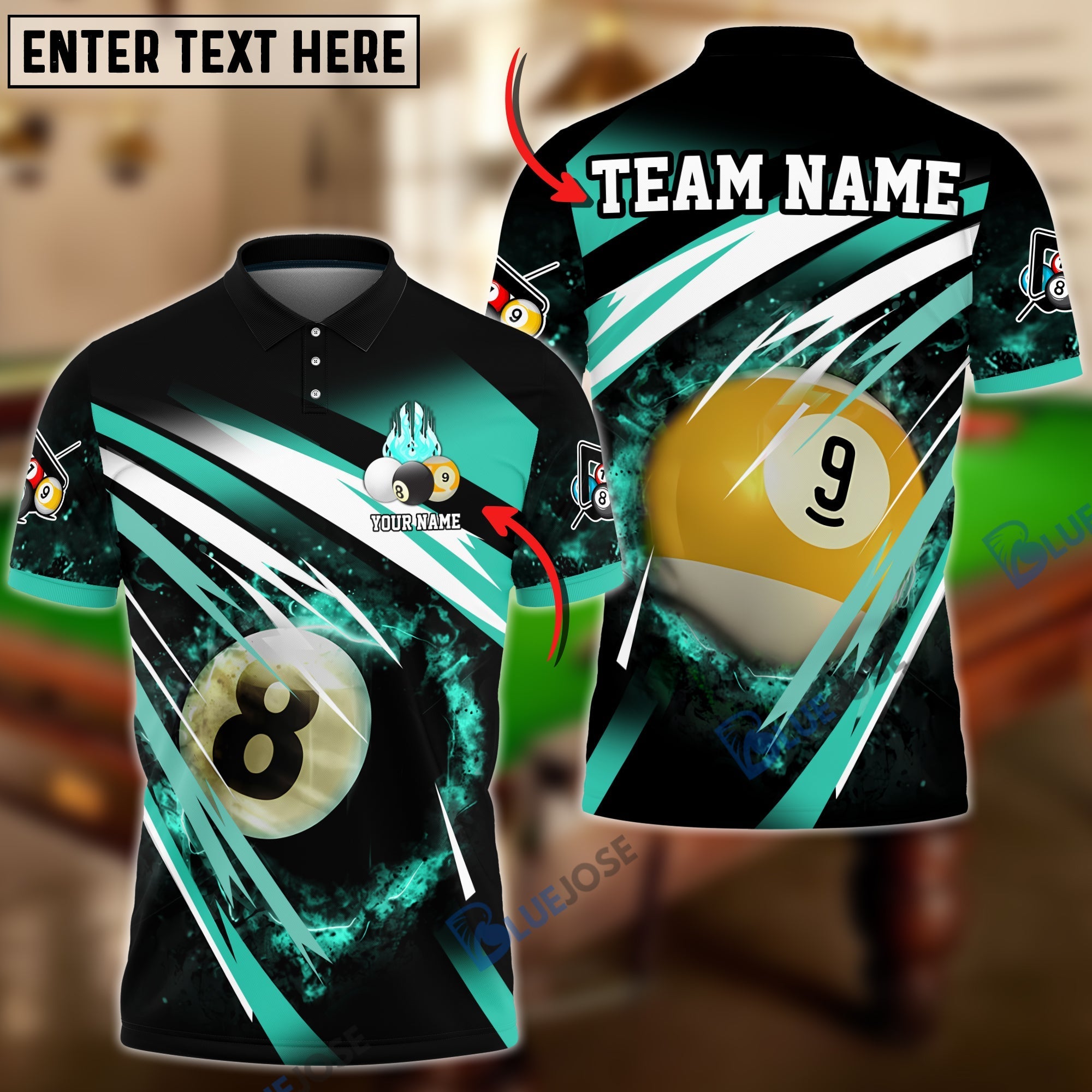 BlueJose Billiards Explosion Personalized Name, Team Name Unisex Shirt (6 Colors)