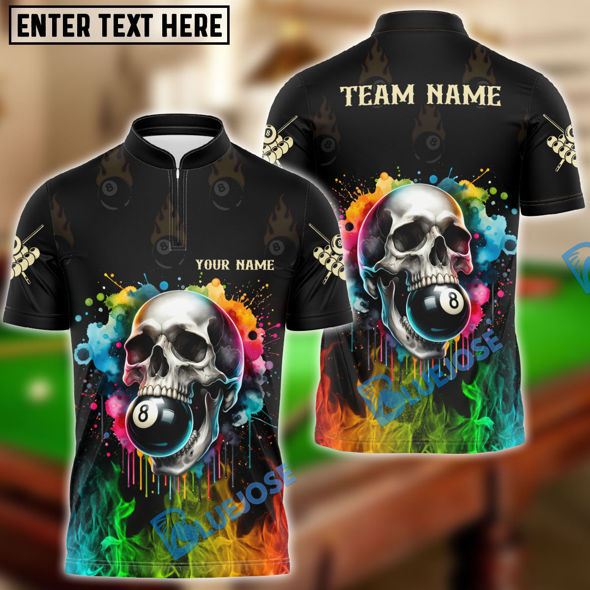 BlueJose Billiards Colorful Skull Personalized Name, Team Name Unisex Shirt