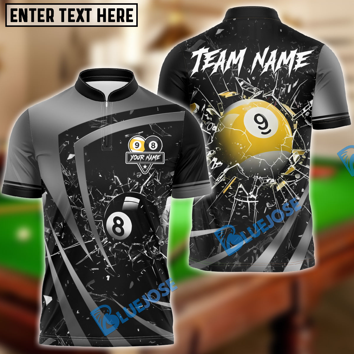 BlueJose Billiards 8 Ball & 9 Ball Metallic Break Glass Customized Name, Team Name 3D Shirt (6 Colors)