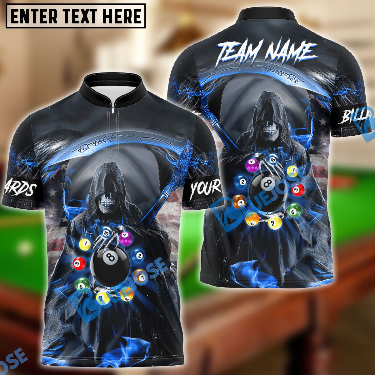 BlueJose Billiards Reaper Fire Flag Pattern Personalized Name, Team Name Shirt (6 Colors)