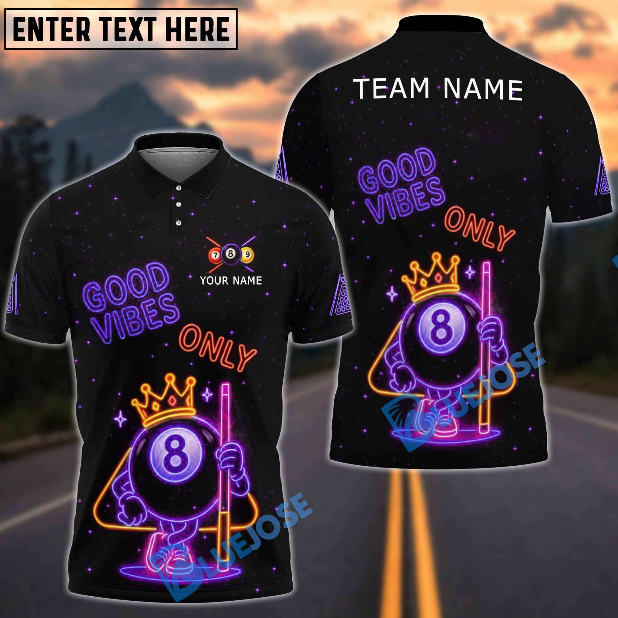 BlueJose Billiards 8-Ball Good Vibes Neon Crown Personalized Name Shirt (4 Colors)