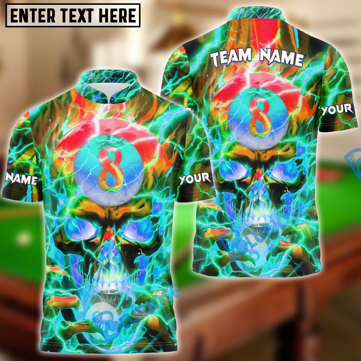BlueJose Billiards Ball 8 Flame Hollow Skull Personalized Name, Team Name Unisex Shirt (4 Colors)