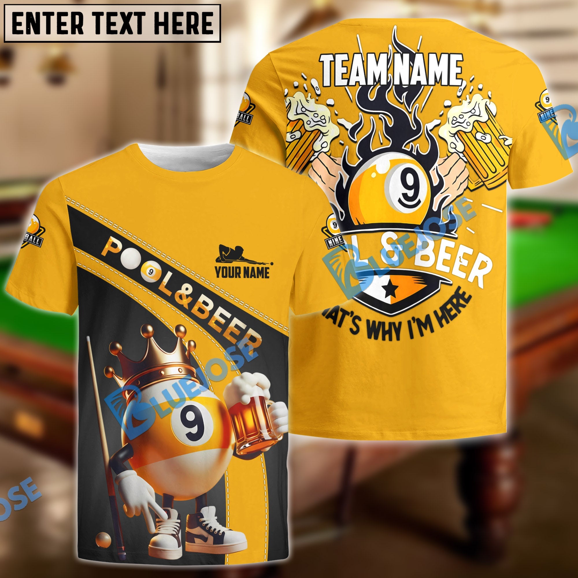 BlueJose Billiards Ball 9 Funny Pool And Beer Customized Name, Team Name 3D Shirt