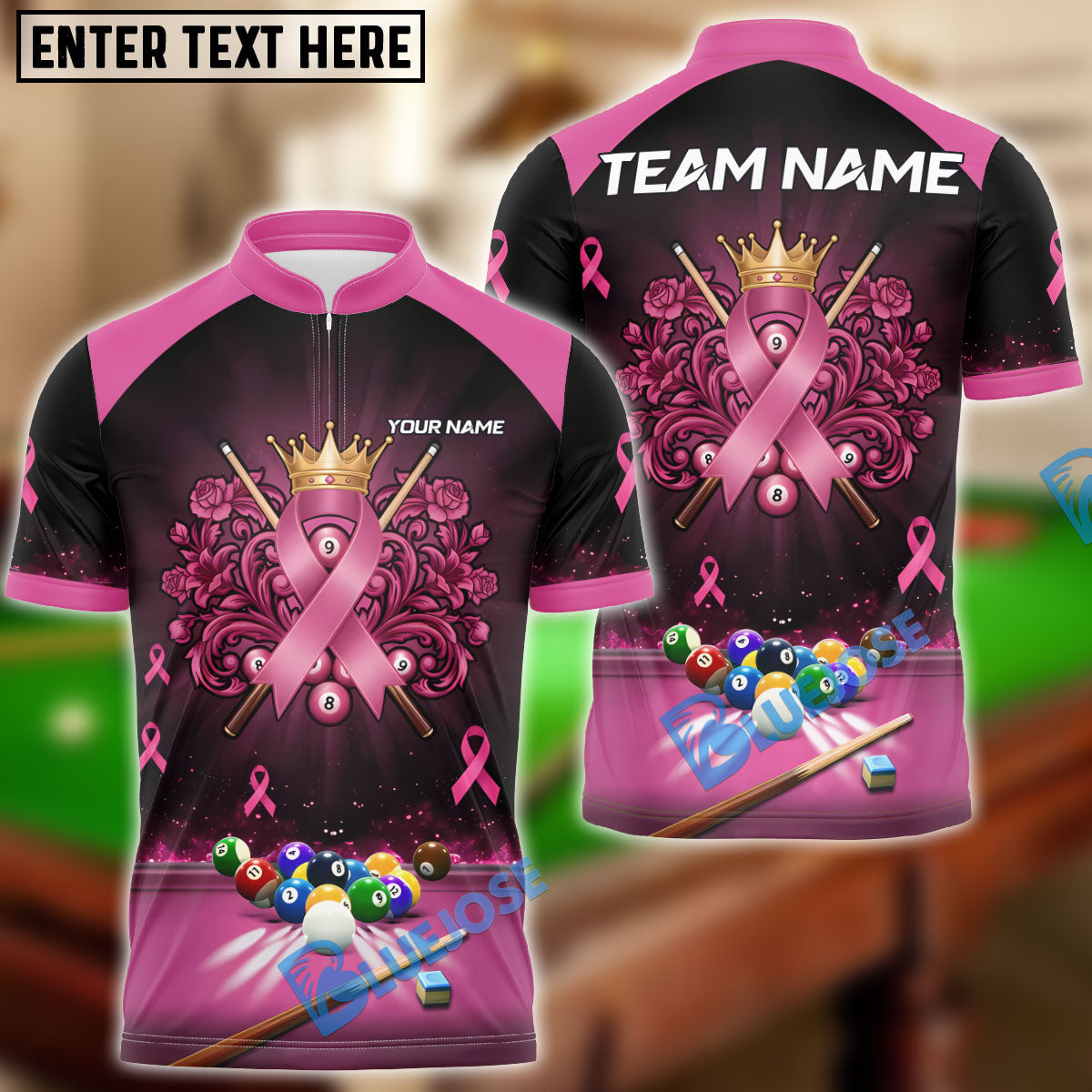 BlueJose Billiards Queen of Pink 8-Ball Breast Cancer Awareness Customized Name, Team Name 3D Shirt
