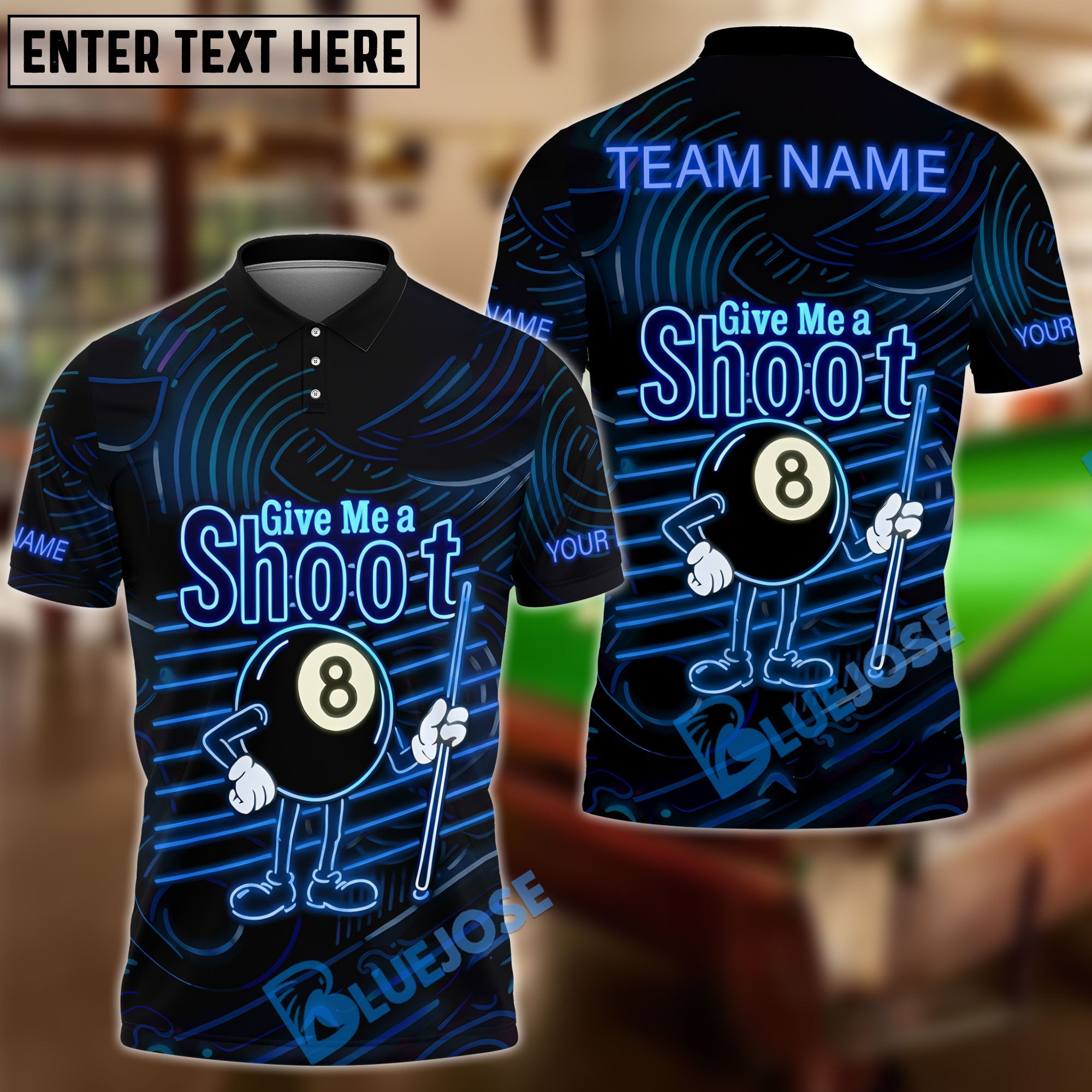 BlueJose Billiards Neon Billiards 'Give Me a Shoot' 8-Ball Funny Personalized Name Shirt (4 Colors)