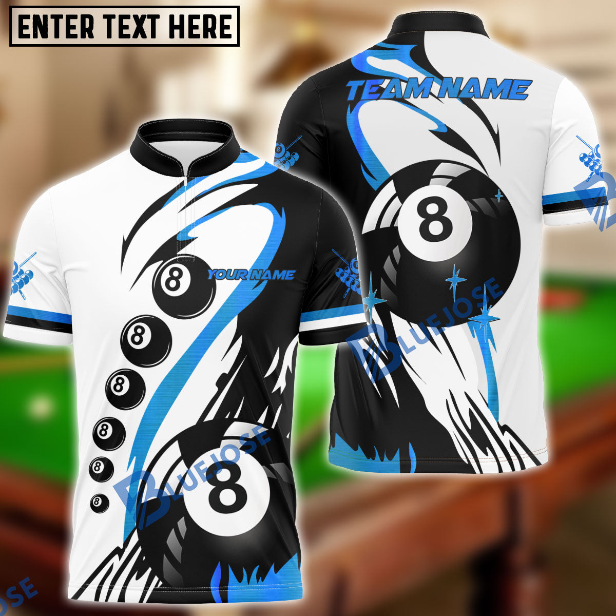 BlueJose Billiards Classic 8-Ball Black & White Personalized Name Shirt (4 Colors)