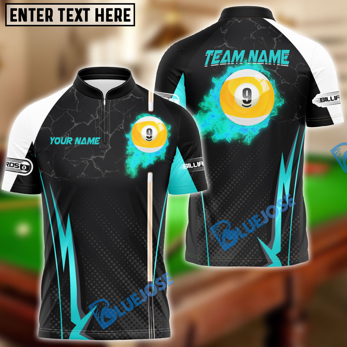 BlueJose Billiards Ball 9 Fire Cue Personalized Name, Team Name Unisex Shirt (4 Colors)