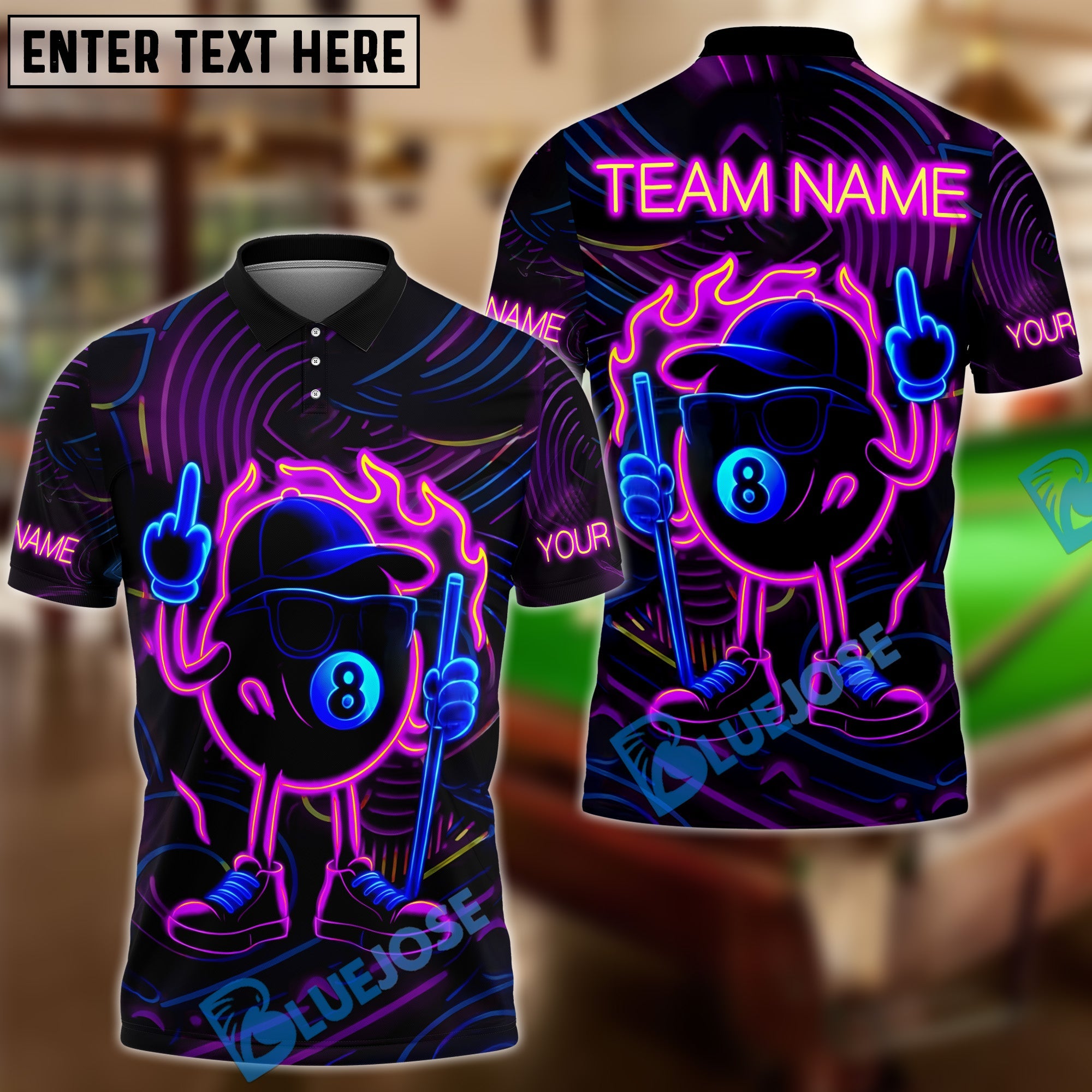 BlueJose Billiards 8 Ball Pool Neon Fire Personalized Name Shirt (4 Colors)