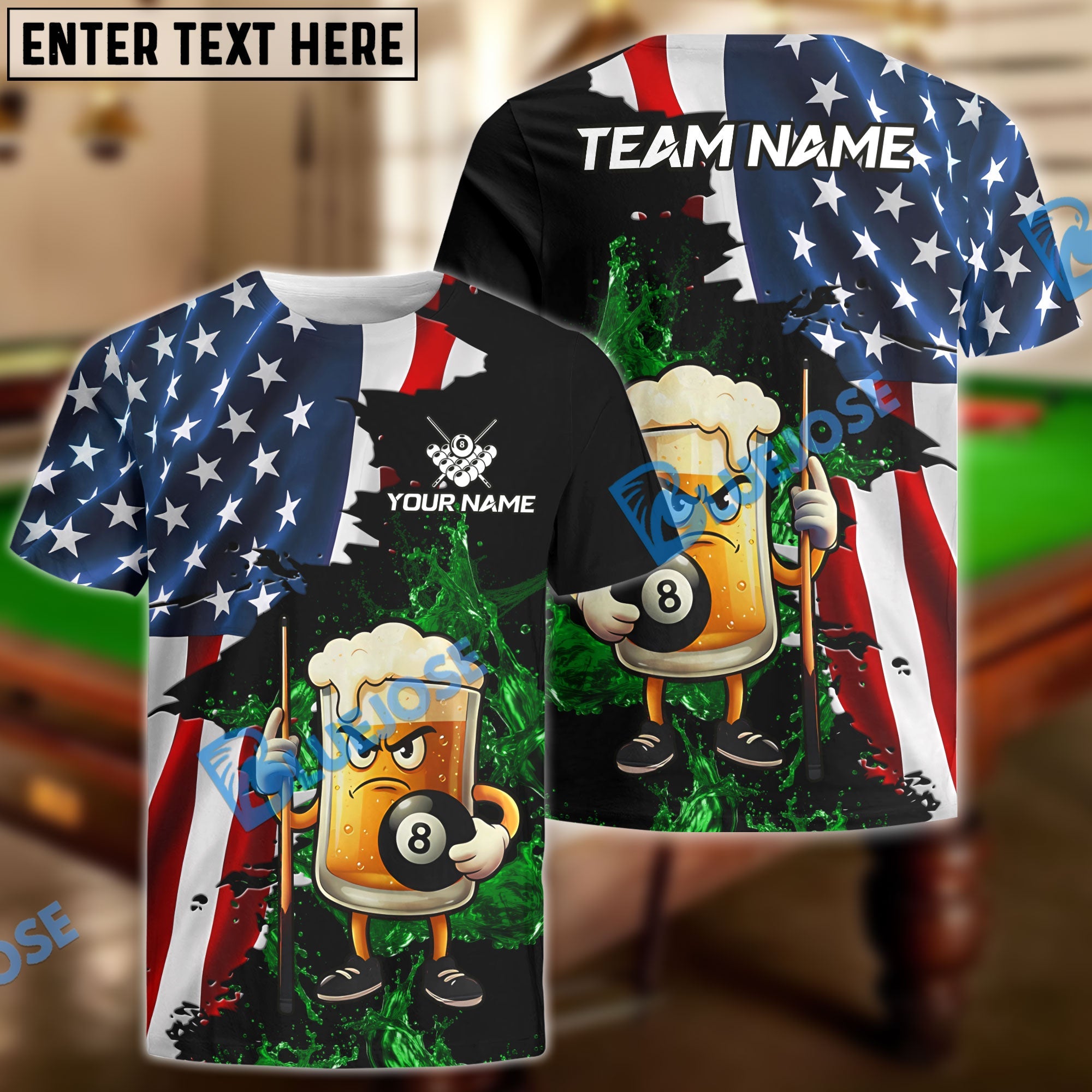 BlueJose Billiards Ball 8 Grumpy Beer Mug American Flag Customized Name, Team Name 3D Shirt (4 Colors)