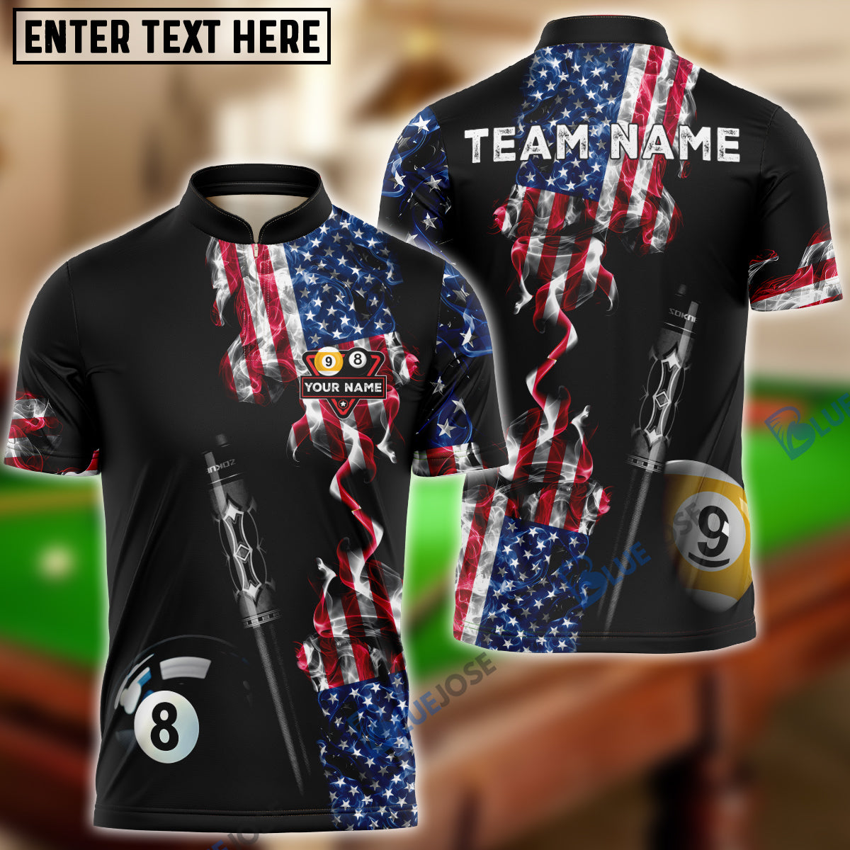 BlueJoses Billiards Ball 8 & 9 American Flag Smoke Deep Fantasy Customized Name, Team Name 3D Shirt