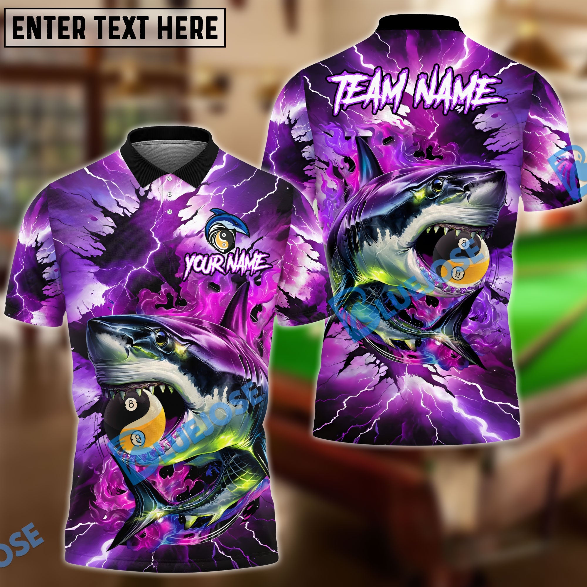 BlueJose Billiards Yin-Yang 8 & 9 Ball Lightning Shark Personalized Name Shirt (4 Colors)