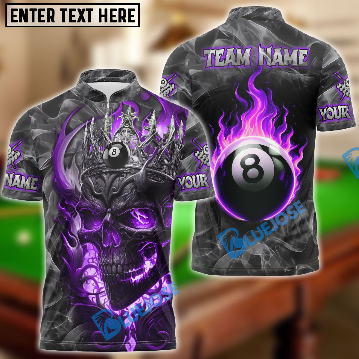 BlueJose Billiards Ball 8 Flame King Skull Personalized Name Shirt (4 Colors)