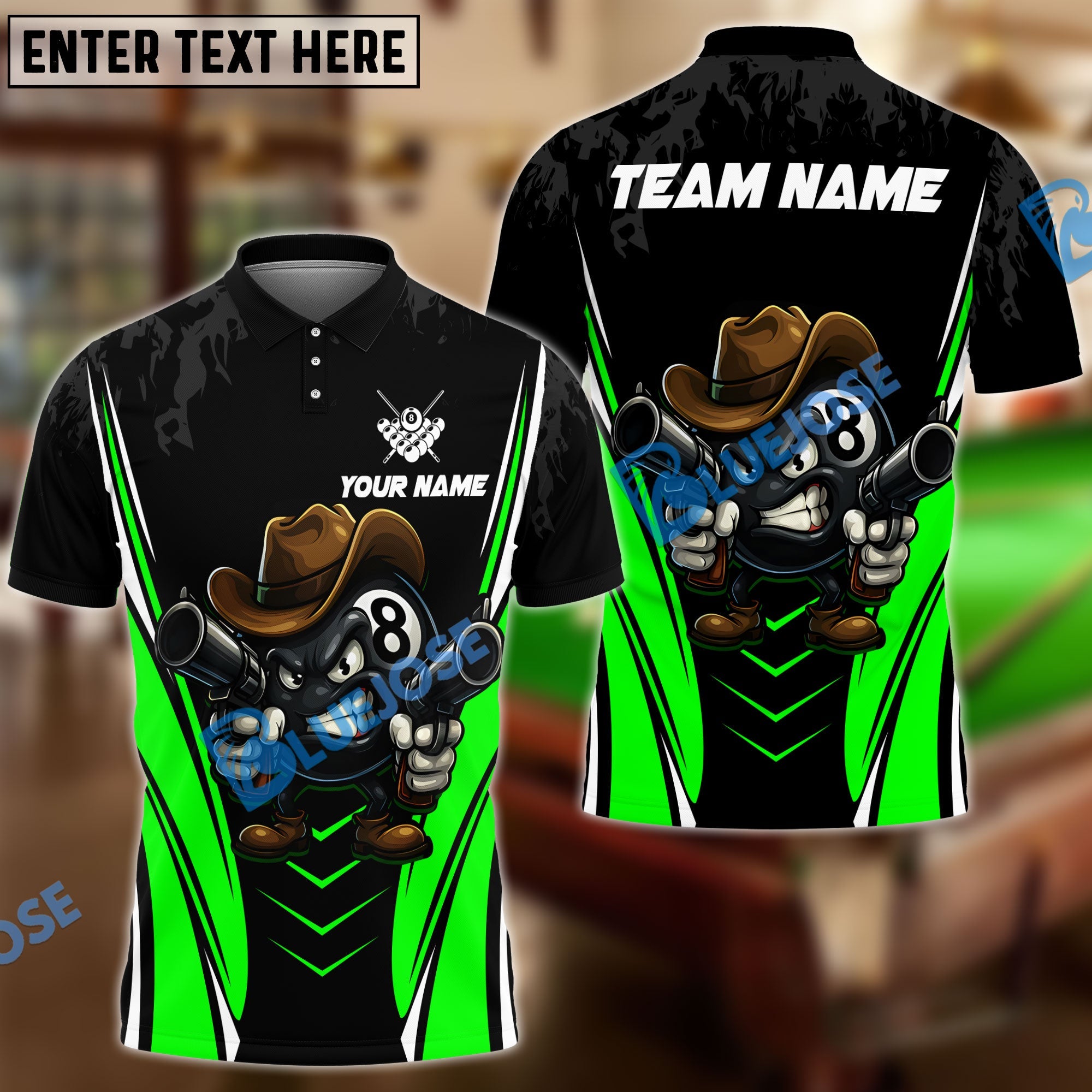 BlueJose Billiards Cowboy 8 Ball Cartoon Style Personalized Name Shirt (4 Colors)
