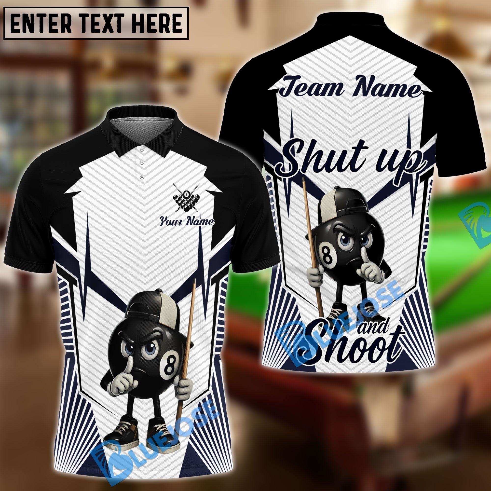 BlueJose Billiards 8-Ball Pool Shut Up and Shoot White Pattern Personalized Name, Team Name Unisex Shirt (4 Colors)