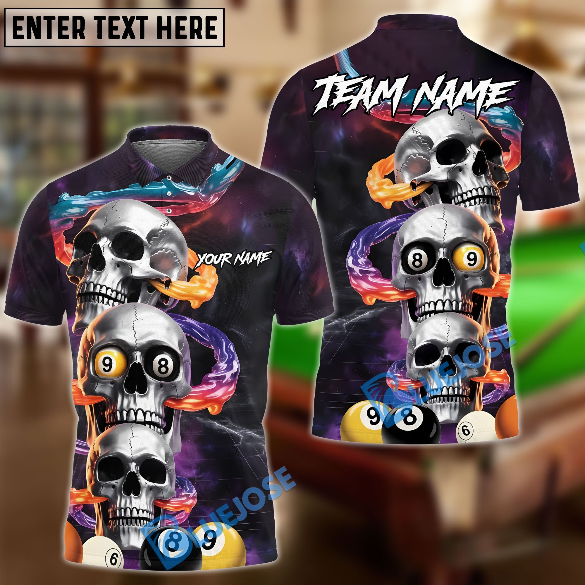 BlueJose Billiards Dark Skull 8 Ball 9 Ball Customized Name, Team Name 3D Shirt