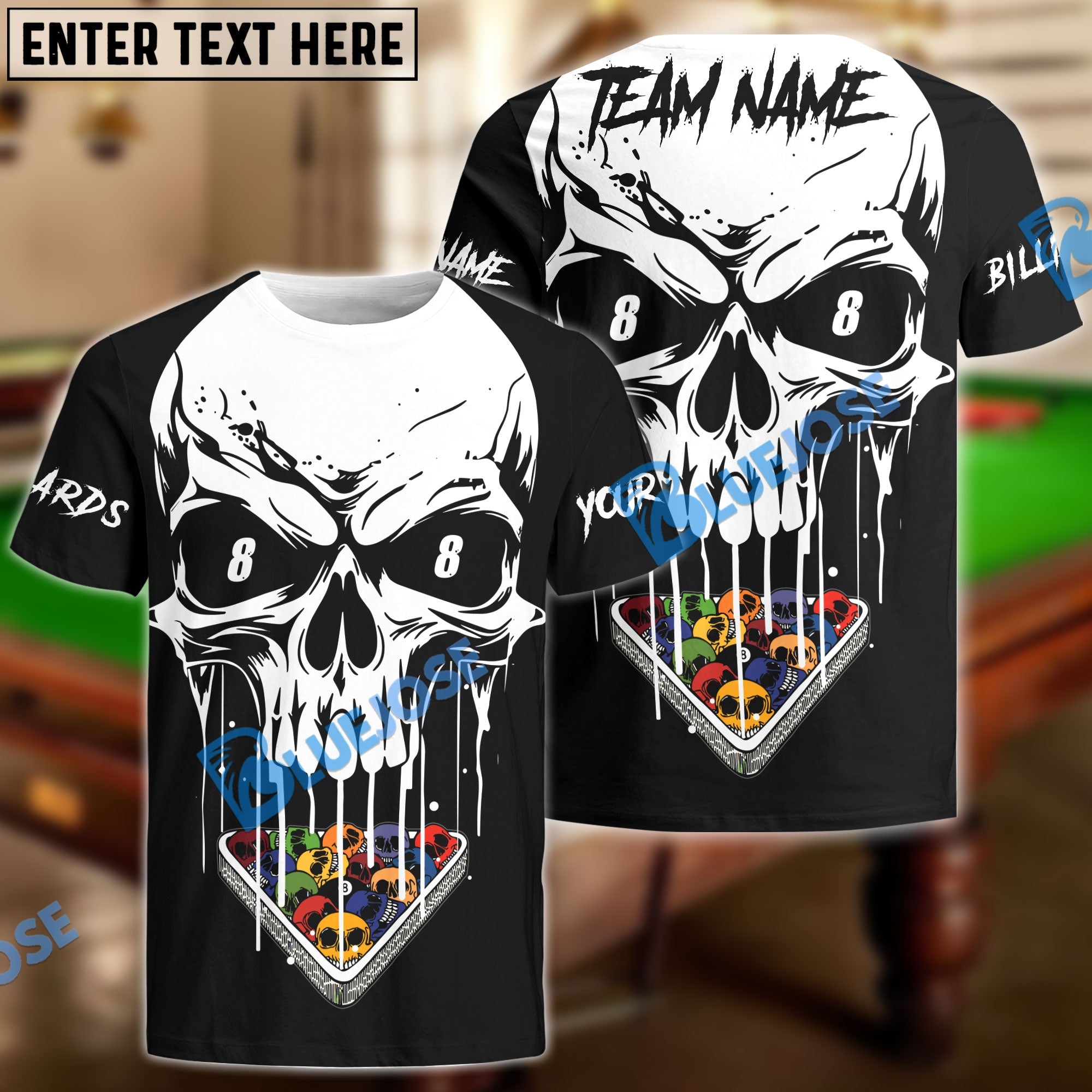 BlueJose Billiards Ball 8 Skull Personalized Name & Team Name Shirt (4 Colors)