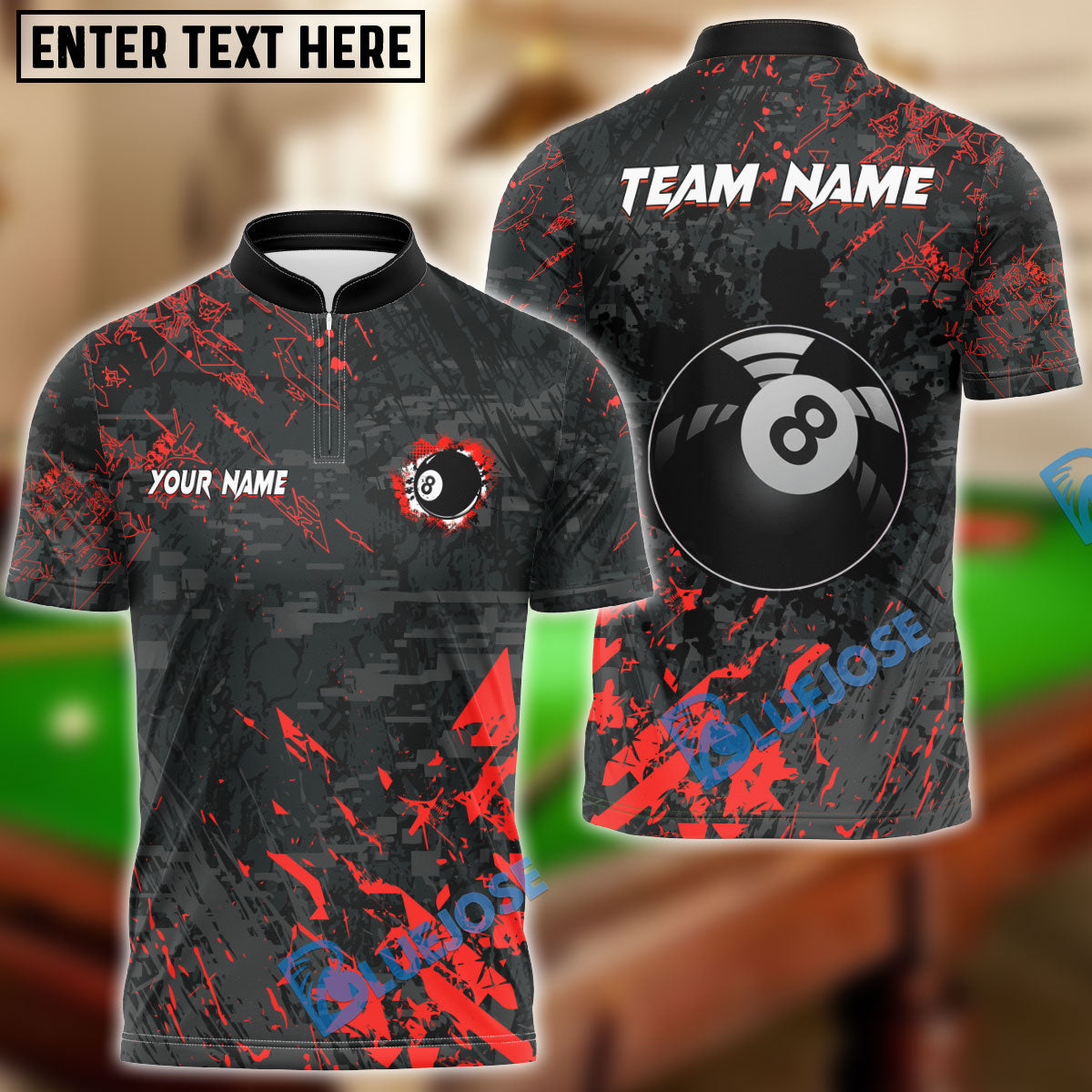BlueJose Billiards 8 Ball Black Stains Grunge Personalized Name Shirt (5 Colors)