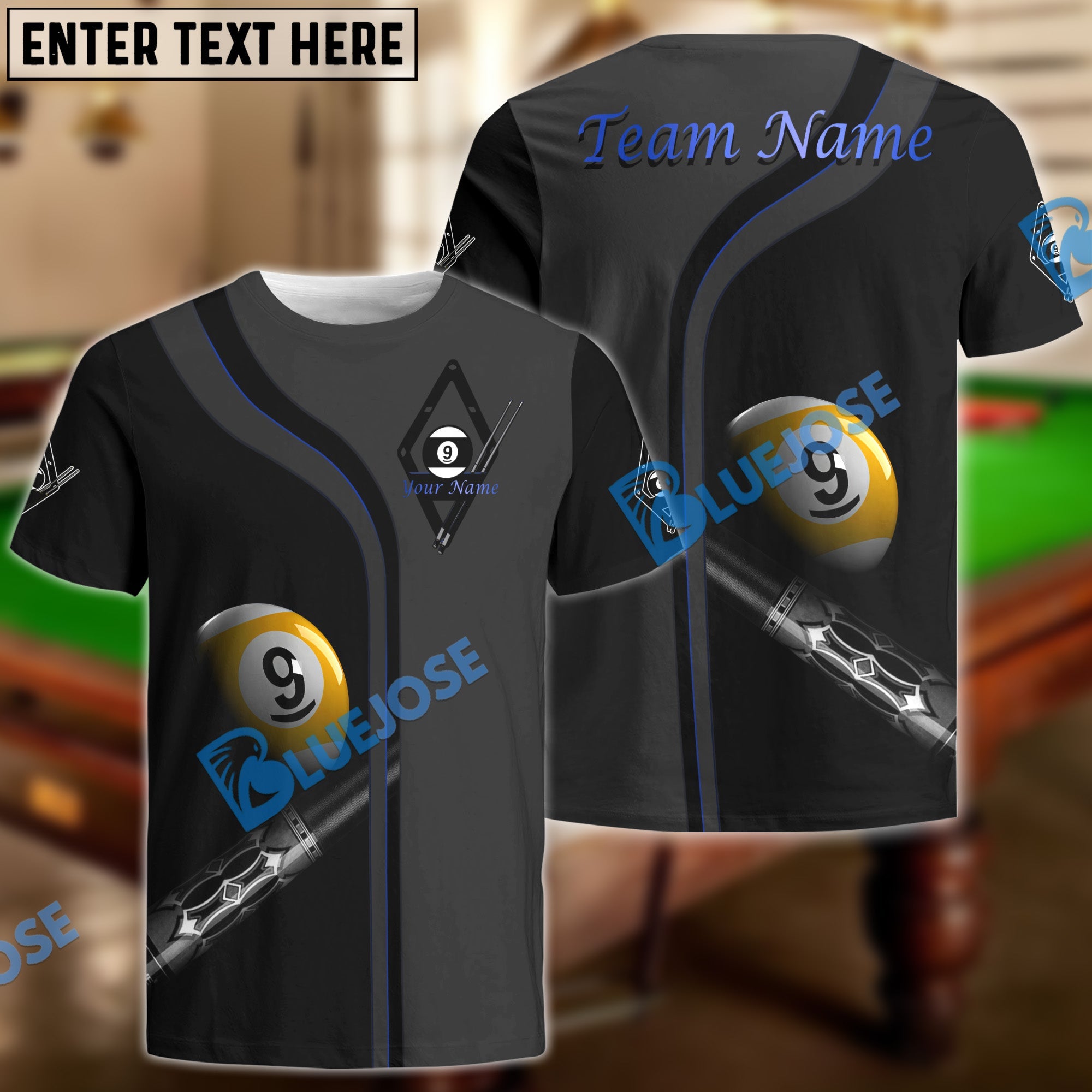 BlueJose Billiards Ball 9 Deep Fantasy Personalized Name, Team Name Shirt For Kids (4 Colors)