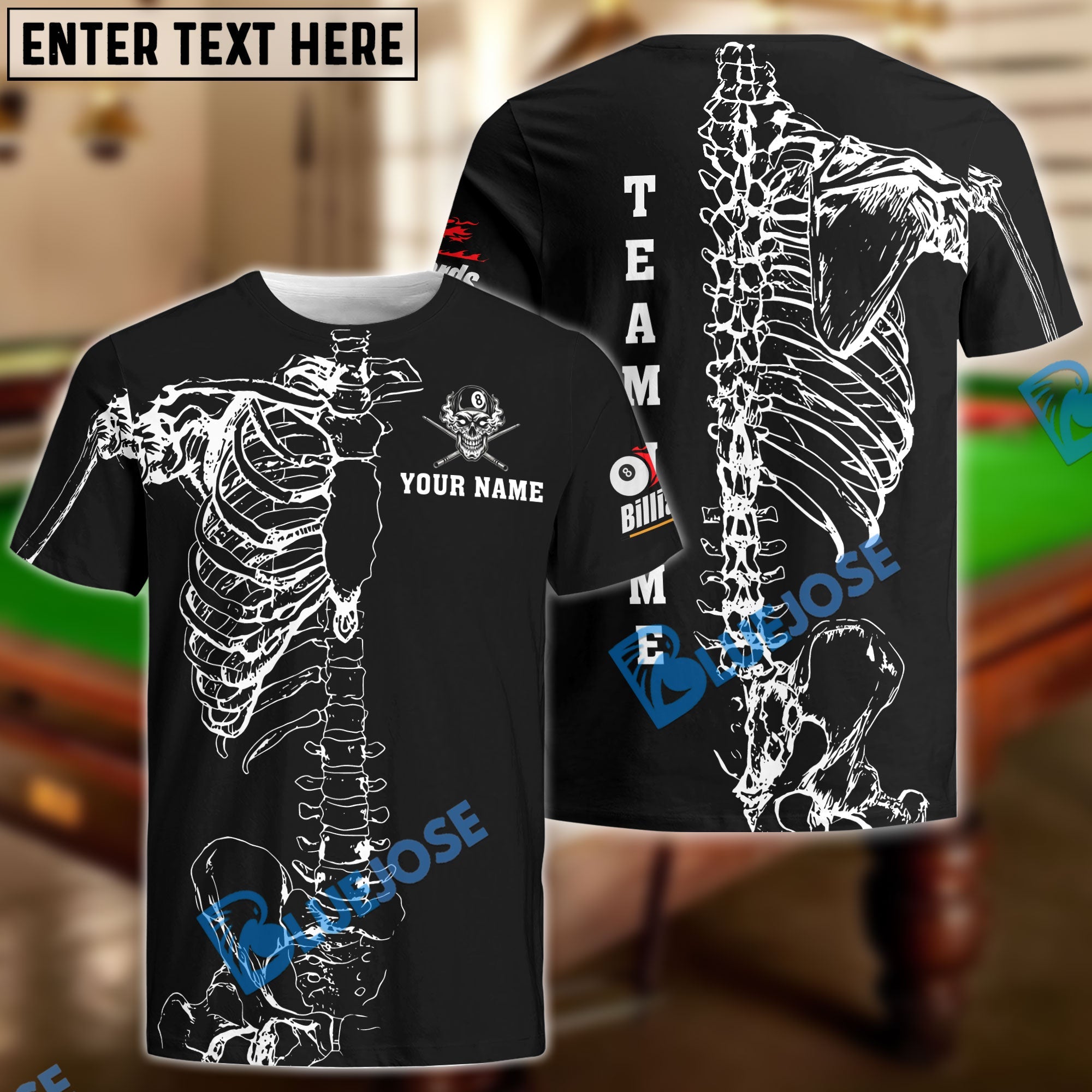 BlueJose Billiards Ball 8,9 Skeleton Design Personalized Name, Team Name Unisex Shirt ( 2 Colors )
