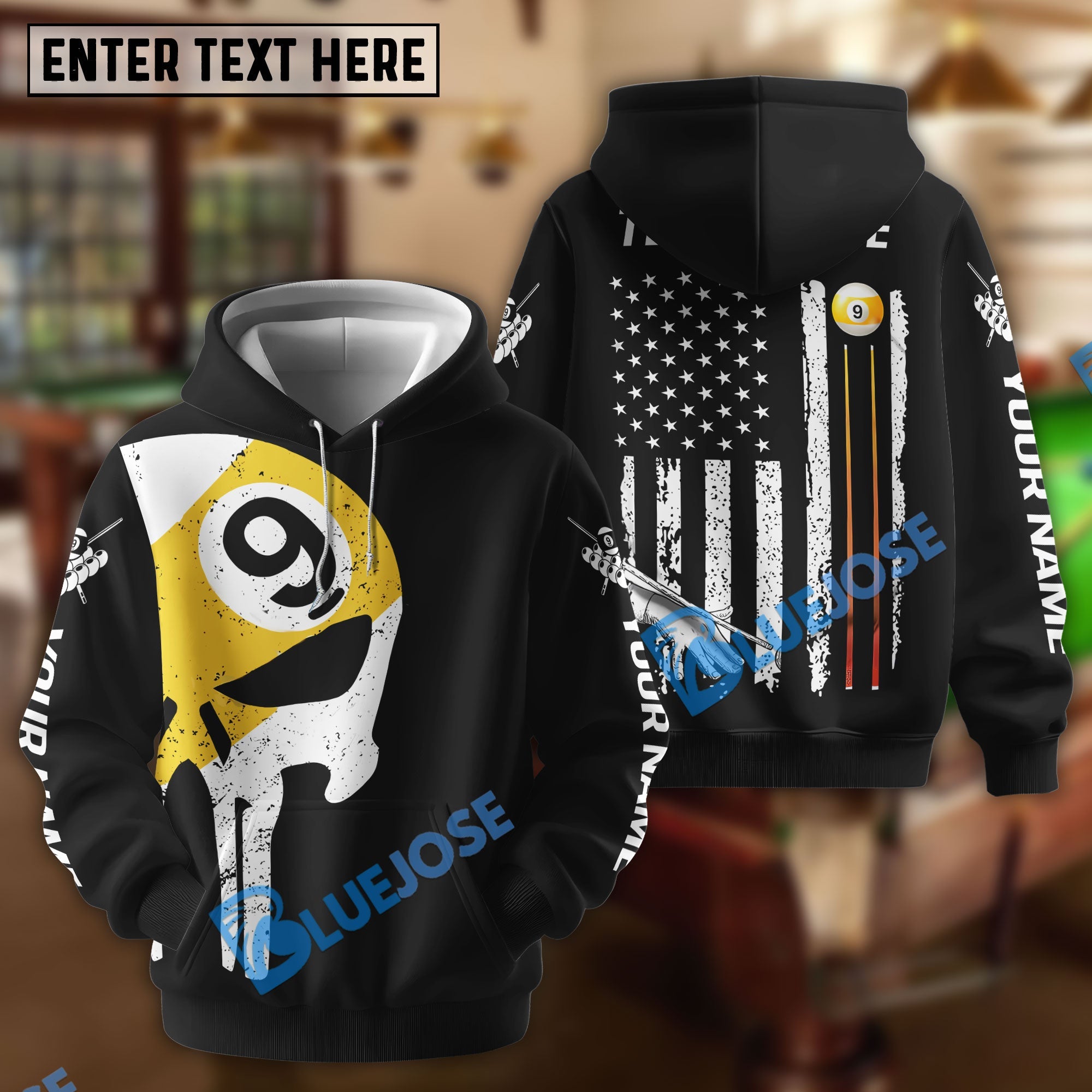 BlueJose Billiards Ball 9 Skull American Flag Customized Name, Team Name 3D Shirt