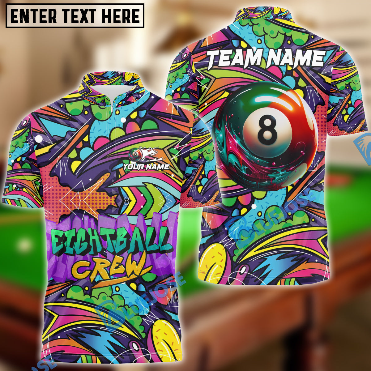 BlueJose Billiards 8 ball & 9 Ball Graffiti Crew Personalized Name, Team Name Shirt (2 Colors)