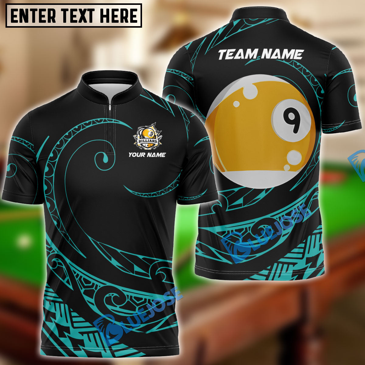 BlueJose Billiards Ball 9 Hawaii Polynesian Personalized Name, Team Name Shirt (4 Colors)