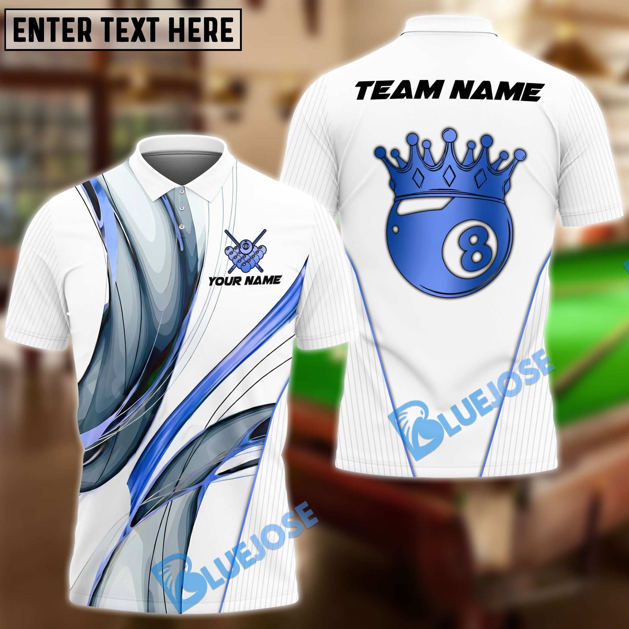 BlueJose Billiards Ball 8 White Gold Crown Personalized Name Shirt (4 Colors)