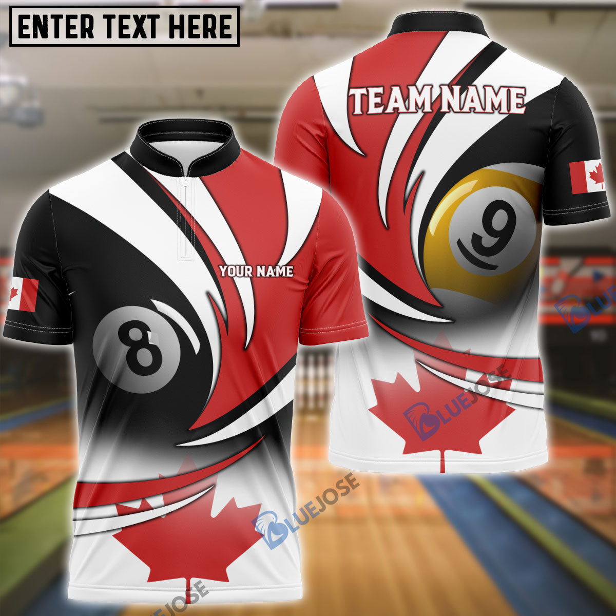 BlueJose Billiards Canada Flag Personalized Name, Team Name Unisex Shirt (3 Colors)