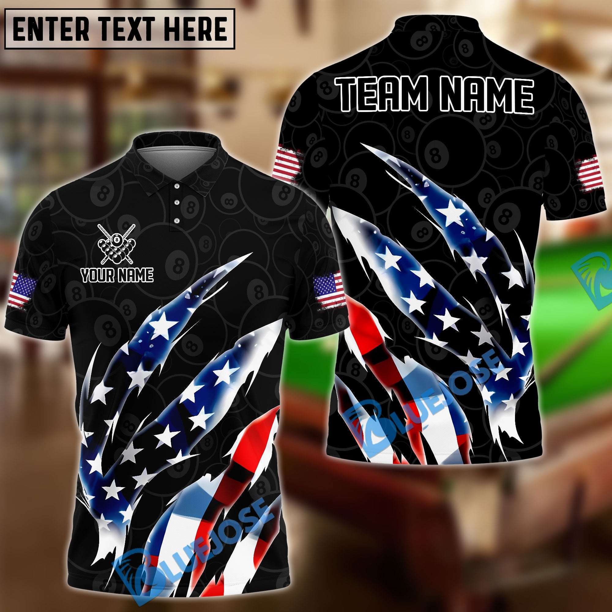 BlueJose Billiards Ball 8 Patriotic Scratch Personalized Shirt (2 Colors)