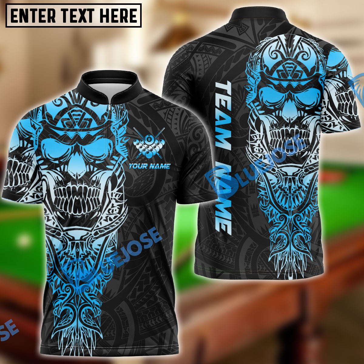 BlueJose Billiards 8 Ball Sport Skull Warrior Tribal Personalized Name, Team Name Unisex Shirt (4 Colors)