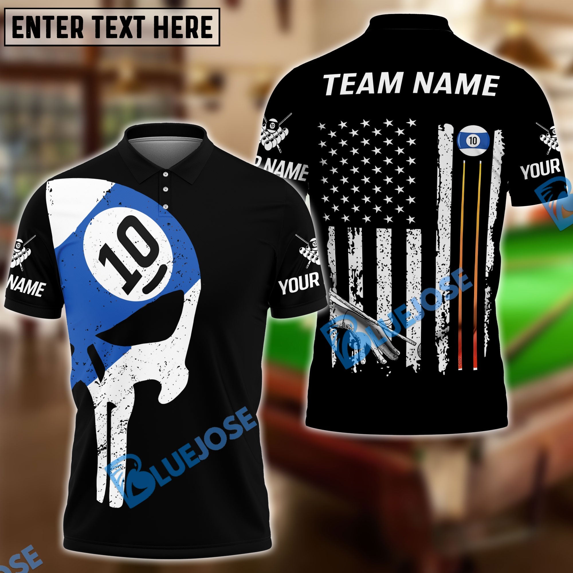 BlueJose Billiards Ball 10 Skull American Flag Customized Name, Team Name 3D Shirt