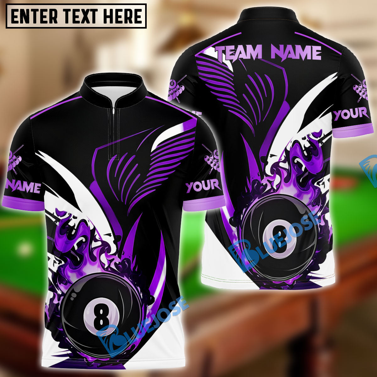 BlueJose Billiards Ball 8 Pool Golden Flame Personalized Name & Team Name Shirt (4 Colors)