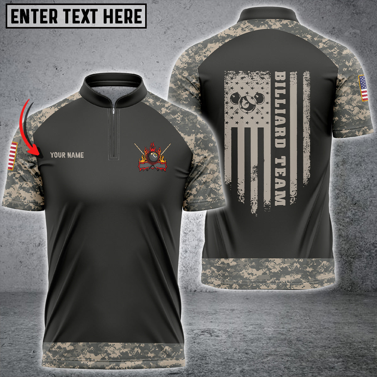 BlueJose Retro Camouflage Flag Billiard Custom Name Zipper Polo Shirt
