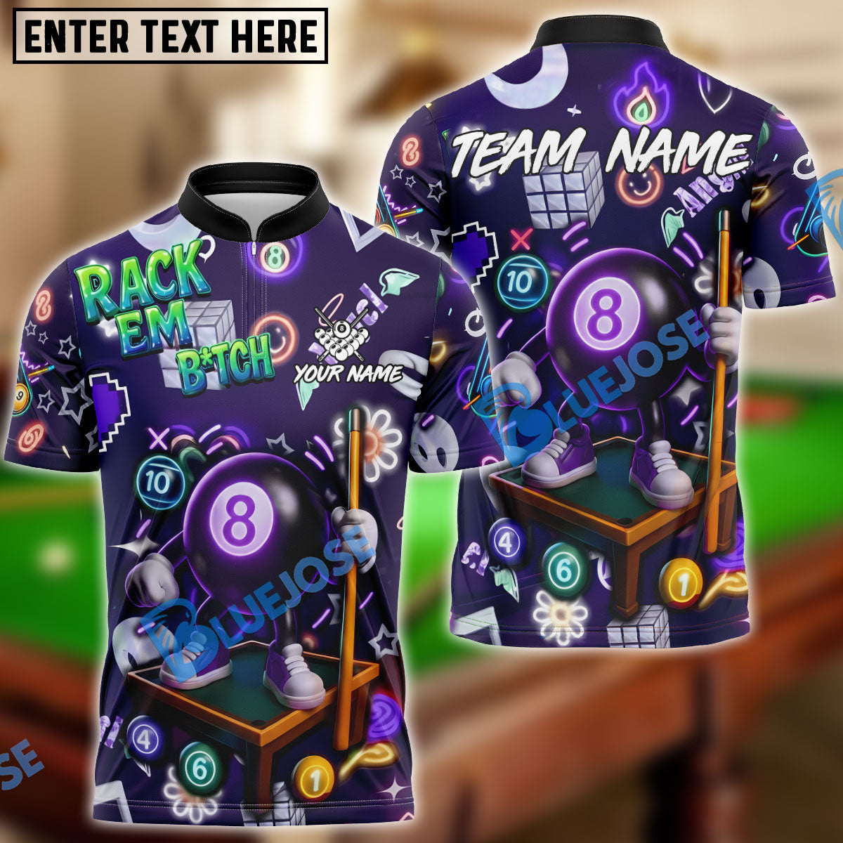 BlueJose Billiards Neon 8-Ball Arcade Glow Style Personalized Name Shirt (4 Colors)