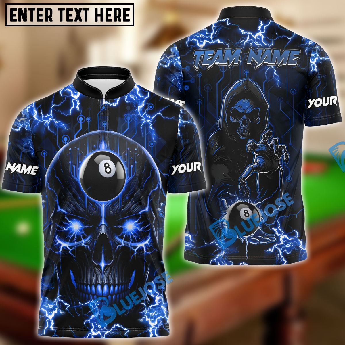 BlueJose Billiards Ball 8 Skull Thunder Personalized Name, Team Name Unisex Shirt (6 Colors)