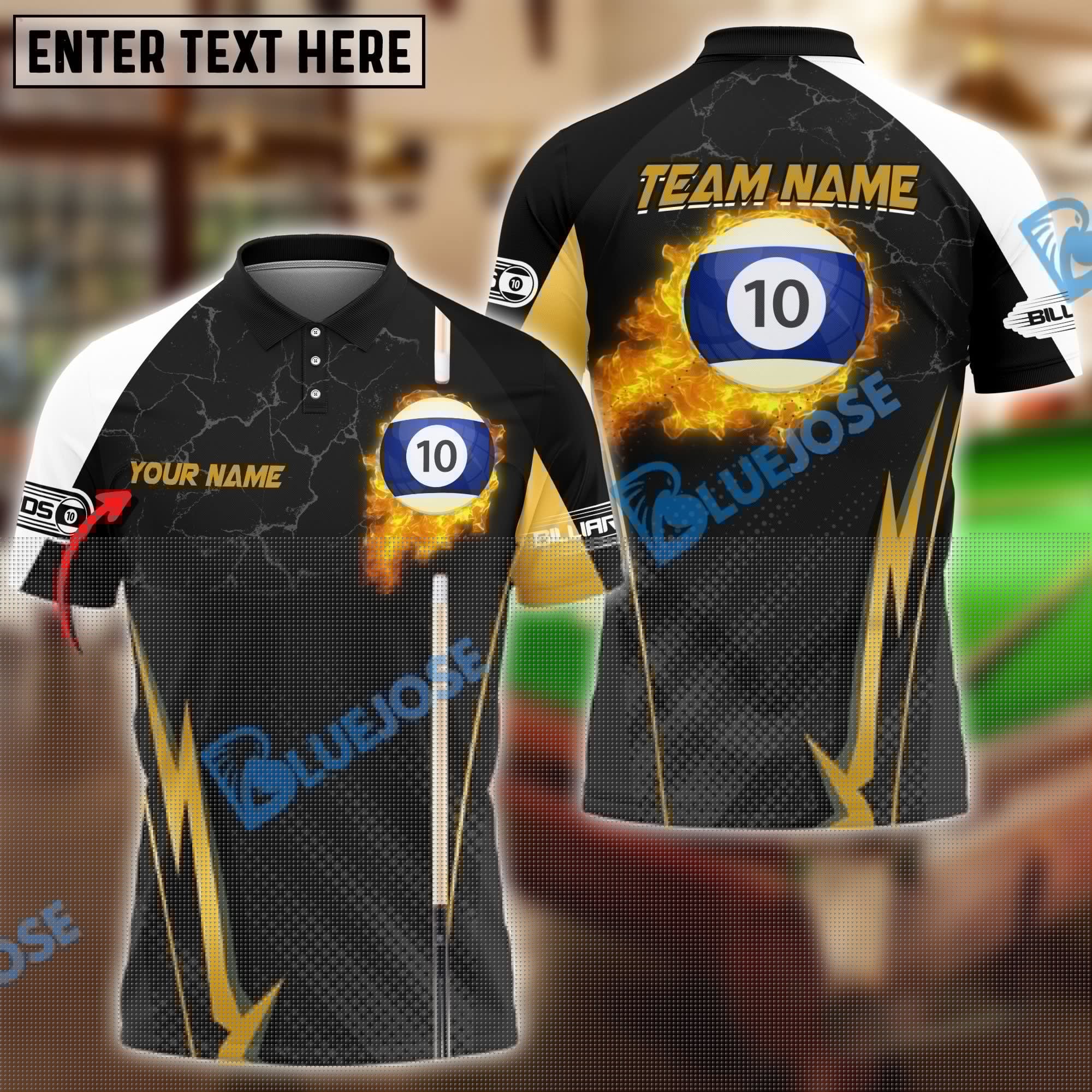BlueJose Billiards Ball 10 Fire Cue Personalized Name, Team Name Unisex Shirt (4 Colors)