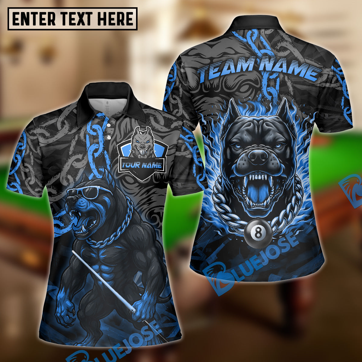 BlueJose Billiards 8-Ball Pitbull Flame Chain Personalized Name Shirt (4 Colors)