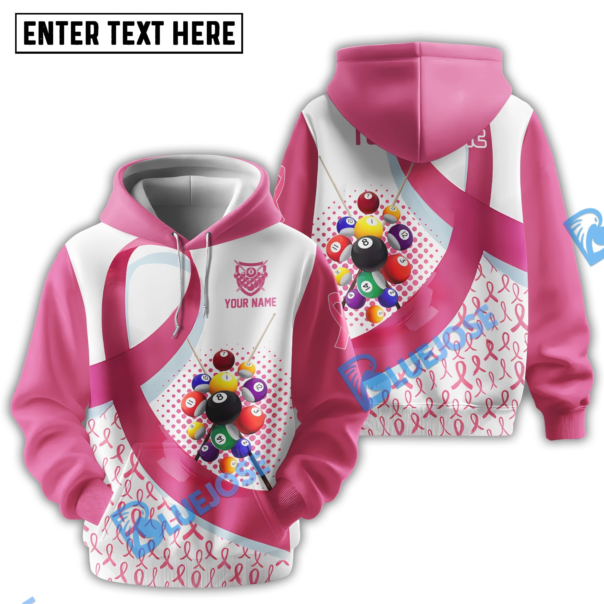 BlueJose Billiards Breast Cancer Awareness White Customized Name 3D Shirts