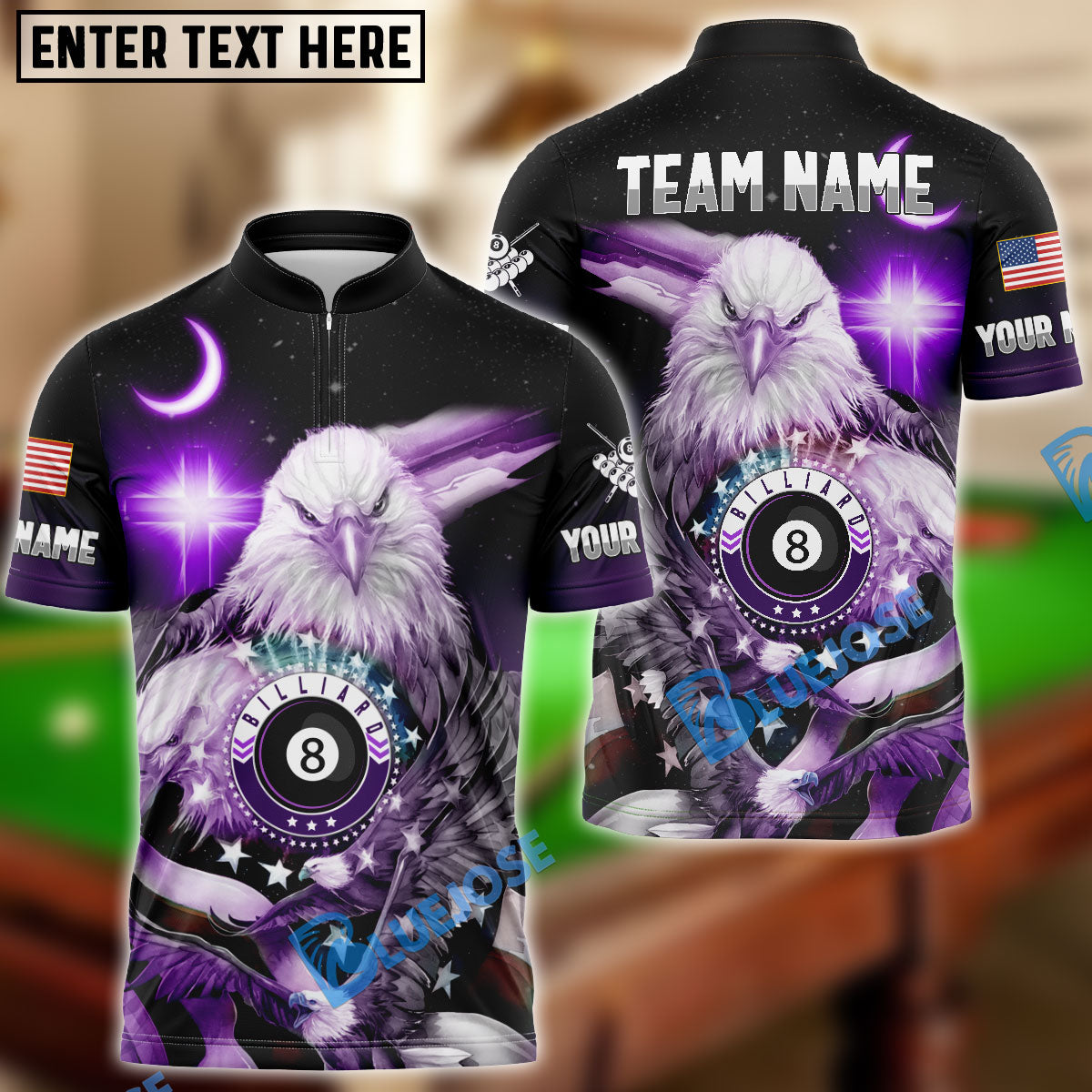BlueJose Billiards Ball 8 Cross Eagle American Flag Personalized Name & Team Name Shirt (4 Colors)