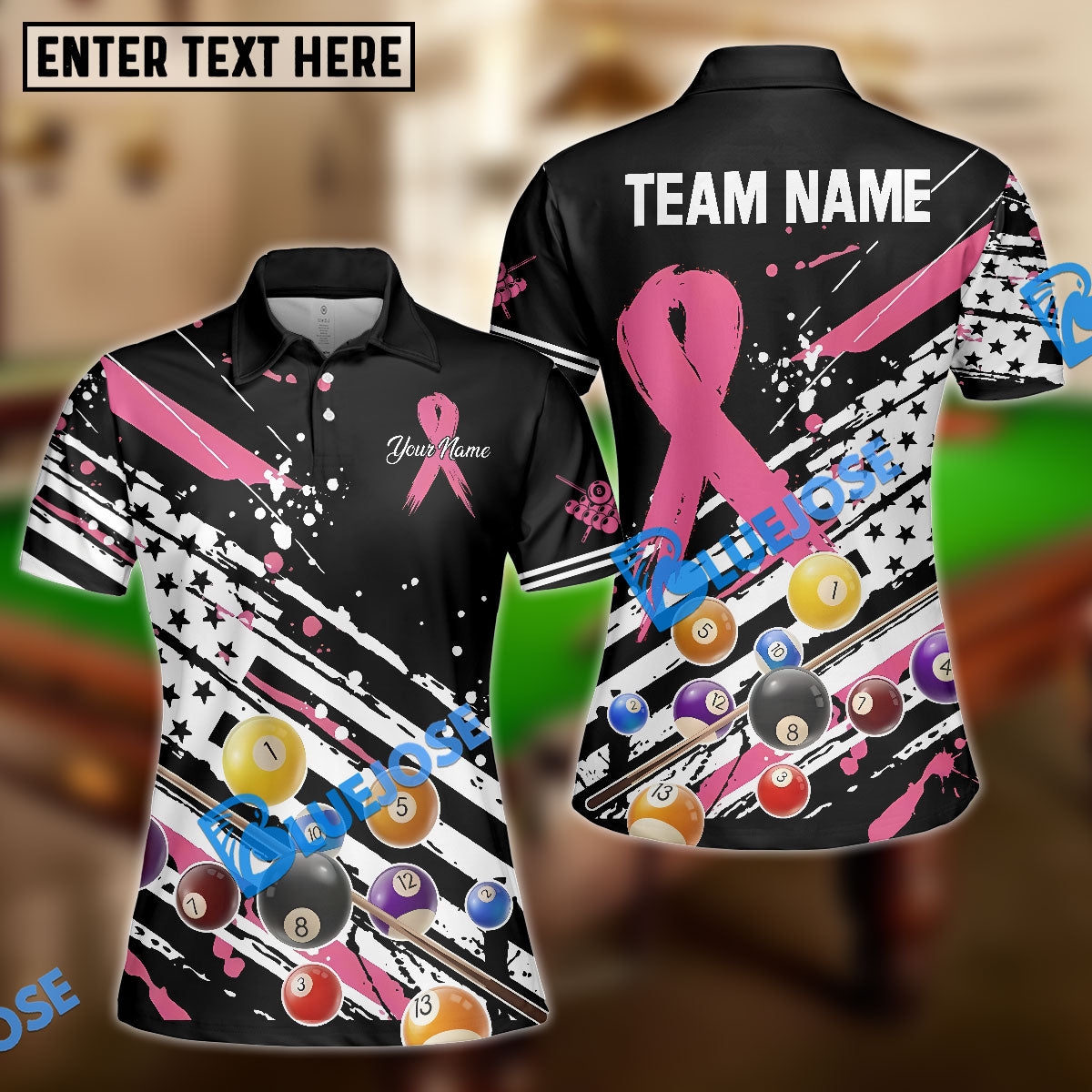 BlueJose Billiards Breast Cancer Awareness American Flag Customized Name 3D Shirts