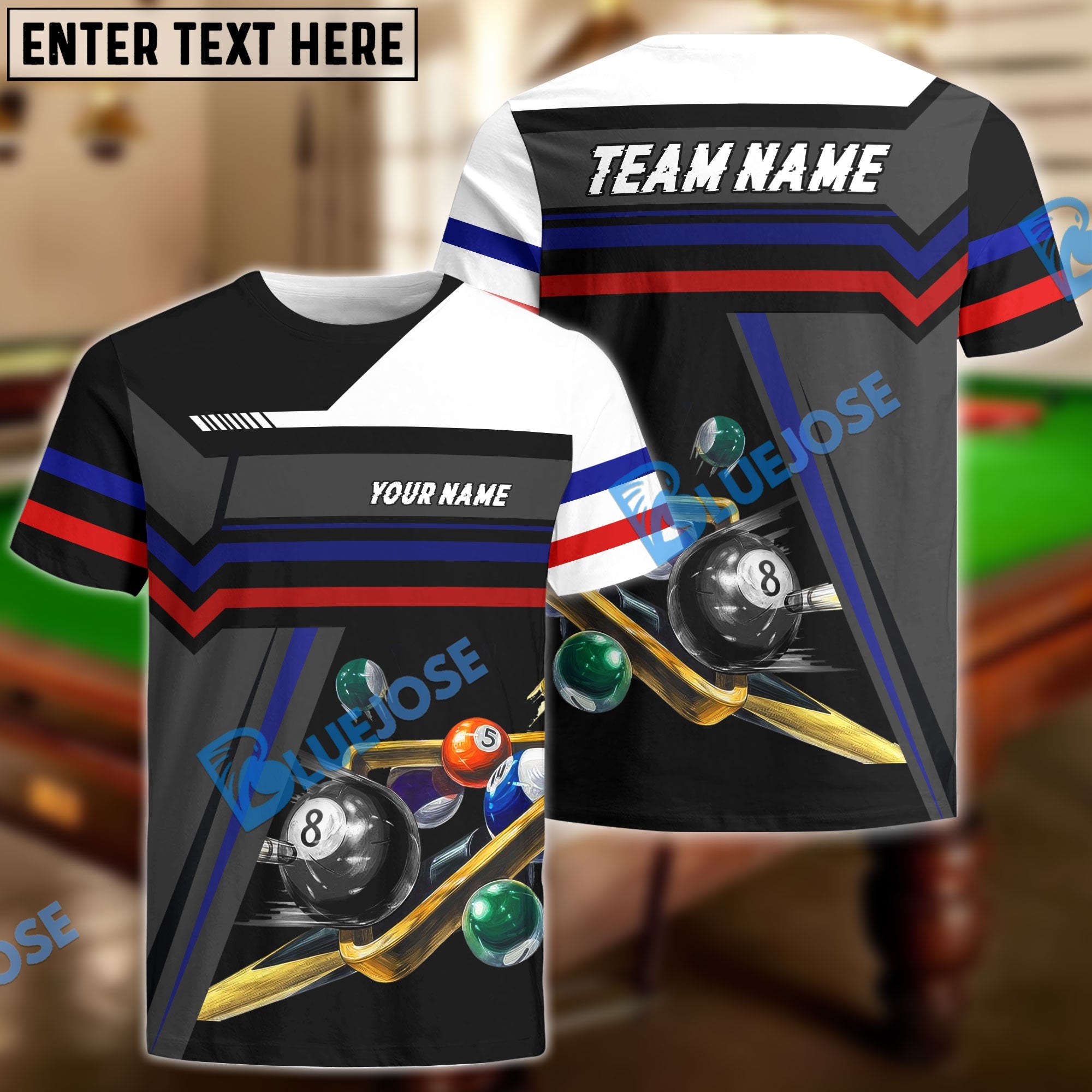 BlueJose Billiards Ball 8 Two Line Personalized Name Shirt (4 Colors)