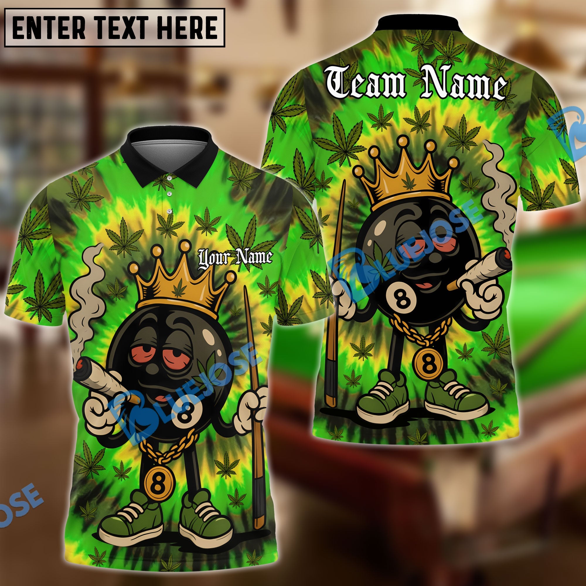 BlueJose Billiards 8 Ball Cartoon Rasta Weed Leaf Personalized Name, Team Name Unisex Shirt (4 Colors)