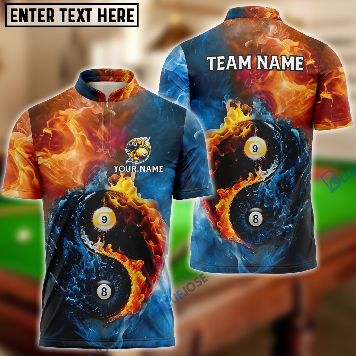BlueJose Billiards Ball 8 & 9 Yin-Yang Elements Personalized Name, Team Name Shirt (5 Colors)