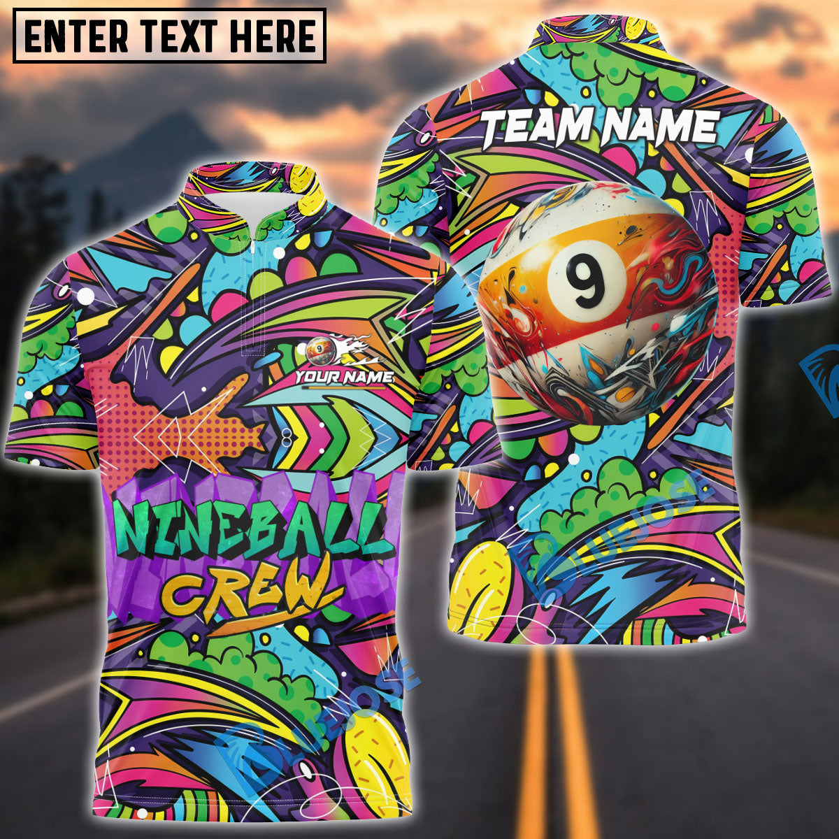 BlueJose Billiards 8 ball & 9 Ball Graffiti Crew Personalized Name, Team Name Shirt (2 Colors)