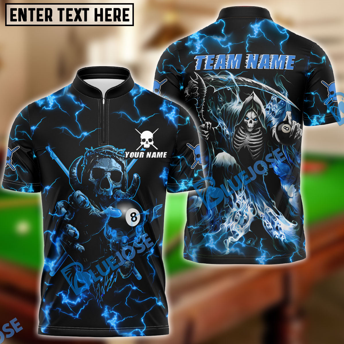 BlueJose Billiards Ball 8 Skull Thunder Fire Personalized Name, Team Name Unisex Shirt (6 Colors)